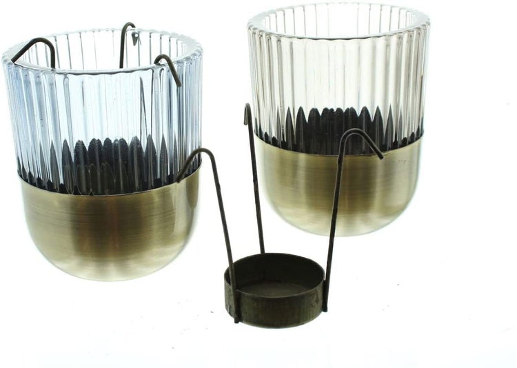 Dekoleidenschaft 2x Windlicht Retro aus Glas blau / braun & Metall gold, Teelichthalter, Teelichtgläser, Windlichtglas