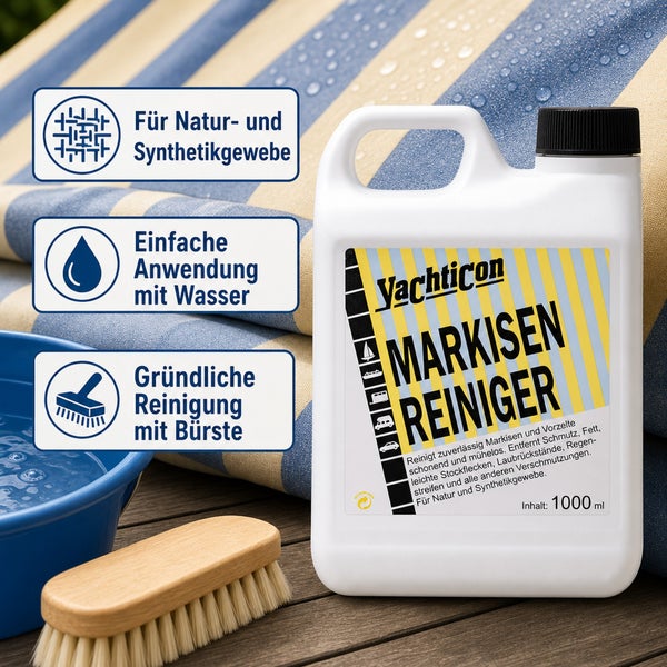 Yachticon Markisen Reiniger 1000 Milliliter für die Reinigung von Markisen und Vorzelten aus Natur und Synthetikgewebe mit Bürste und Wasser.
