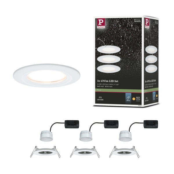 Paulmann Gil LED Einbaustrahler Set mit LED Coin, 6 Watt, 470 Lumen, 2700 Kelvin, IP44 Spritzwasserschutz und dreistufiger Dimmfunktion.