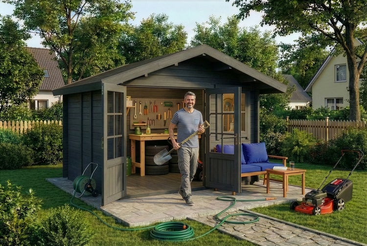 Modernes graues Gartenhaus aus Holz mit Doppeltüren. Innen Werkbank, außen Rasenmäher, Schlauch und Sitzbereich in einem grünen Garten.