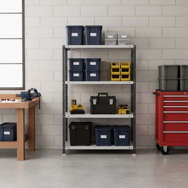 Helle und organisierte Werkstatt mit einem Metallregal mit Lagerboxen, einer Werkbank aus Holz mit Schraubstock und einem roten Werkstattwagen.