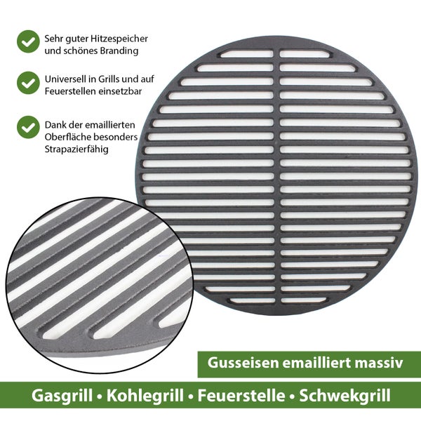 Runder emaillierter Grillrost aus massivem Gusseisen für Gasgrill, Holzkohlegrill und Feuerschale mit hoher Hitzespeicherung.