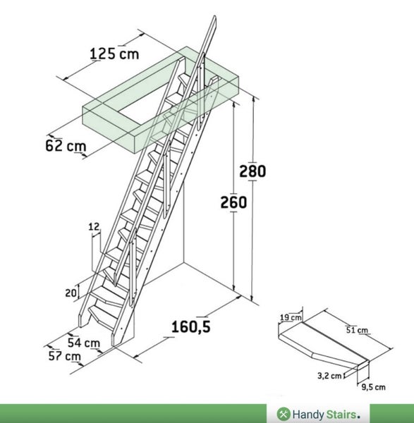 Platzsparende Müllertreppe MGS55 mit Handlauf | 55cm breit | Höhe 280 cm
