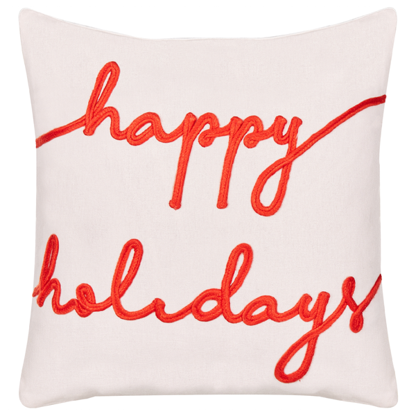 Dekokissen mit gesticktem Schriftzug happy holidays.