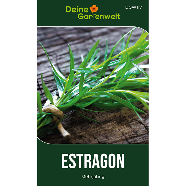 Deine Gartenwelt Logo, Samentüte für mehrjährigen Estragon, Abbildung von frischem Estragon auf Holz.