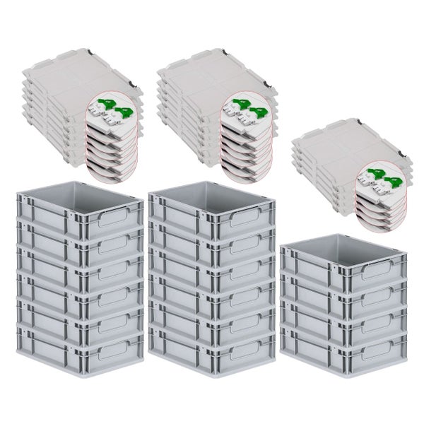 PROREGAL Spar Set 16x Eurobox Nextgen Economy Mit Scharnierdeckel & Grünen Schiebeschnappverschlüsse Griffe Geschlossen HxBxT 12 x 30 x 40 cm 11 Liter