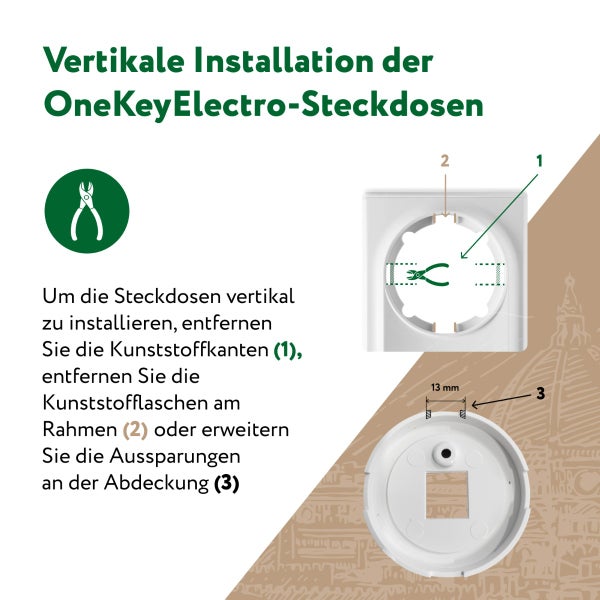 Grafik zur Anleitung für die vertikale Montage der OneKeyElectro Steckdosen durch Entfernen von Kunststoffkanten und Anpassen der Aussparungen.