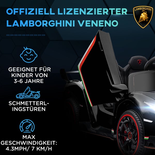 HOMCOM Kinder Elektroauto, 12V, mit Anzeige, Bluetooth, Musikfunktion, Fernbedienung, lamborghini Veneno, für 3-6 Jahre Kinder, 3-7 km/h, 82L x 48B x 56H cm, Kunststoff, Metall, Schwarz