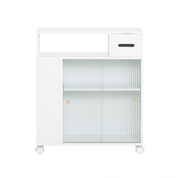 Weißer Rollcontainer mit Schublade und Schiebetüren aus Glas