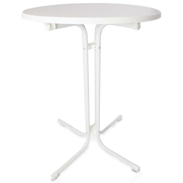 Weißer Stehtisch mit runder Tischplatte und Metallgestell.
