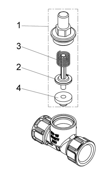 Technische Zeichnung einer Explosionsdarstellung einer Ventilbaugruppe mit nummerierten Komponenten wie Feder, Spindel und Dichtung.