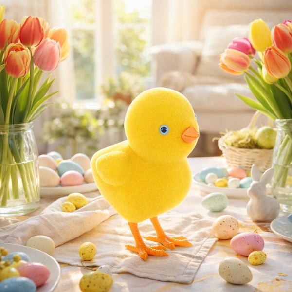 Dekoratives gelbes Küken auf einem Tisch mit Tulpen und Ostereiern