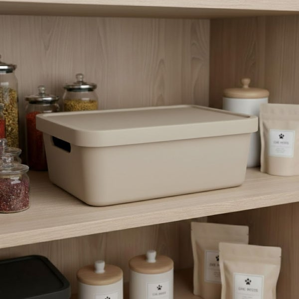 Aufbewahrungsbox mit Deckel im Regal