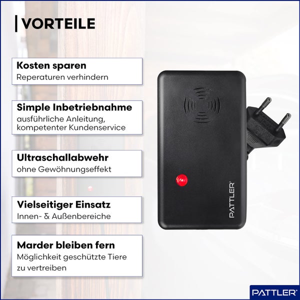 PATTLER ® Marderschreck mit Stecker - für 60m² | Marderschreck für Dachboden, Haus, Garten, Garage | Anschluss an Steckdose | Marderabwehr Dachboden mit Ultraschall