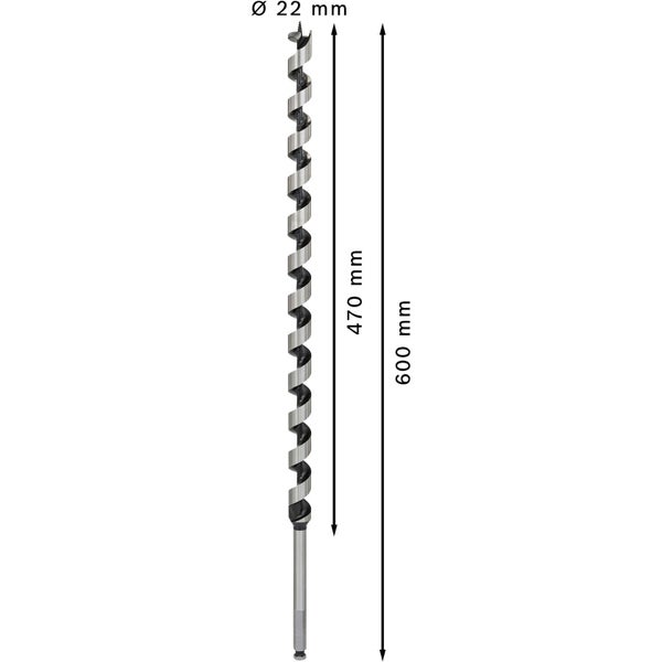 Holzspiralbohrer mit einem Durchmesser von 22 Millimetern, einer Länge von 470 Millimetern und einer Gesamtlänge von 600 Millimetern.