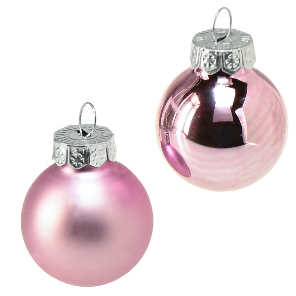 Zwei rosa Christbaumkugeln aus Glas mit silberfarbener Aufhängung.