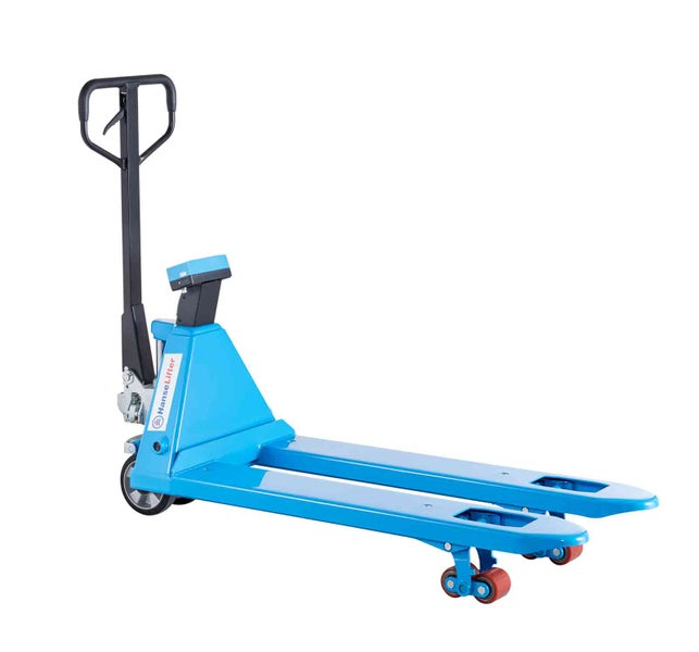 Blauer Hubwagen der Marke HanseLifter mit integrierter Digitalwaage und schwarzem Handgriff.
