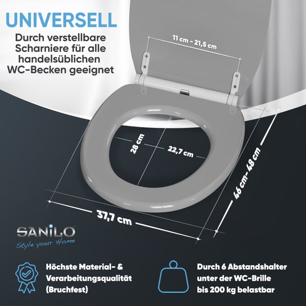 Universeller Toilettensitz mit verstellbaren Scharnieren, Maße 37,7 mal 46 bis 48 Zentimeter, belastbar bis 200 Kilogramm, Sanilo Logo.