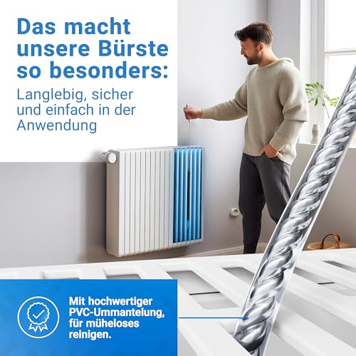 LOBENSWERK Heizkörperbürste 2.0 [120cm - Schwarz] aus tierfreien Nylonborsten - Heizungsbürste, Heizkörper Reinigungsbürste für alle Flach- Rippen- und Badheizkörper mit Anti-Kratz-Gummiummantelung