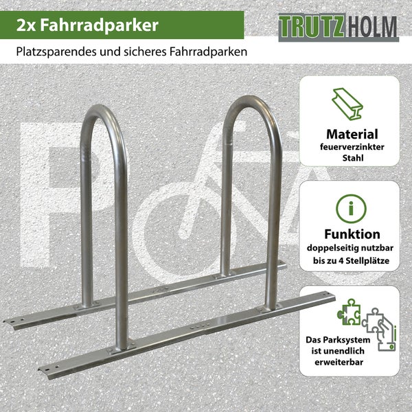 Zwei Fahrradparker aus feuerverzinktem Stahl für bis zu vier Fahrräder, beliebig erweiterbar.