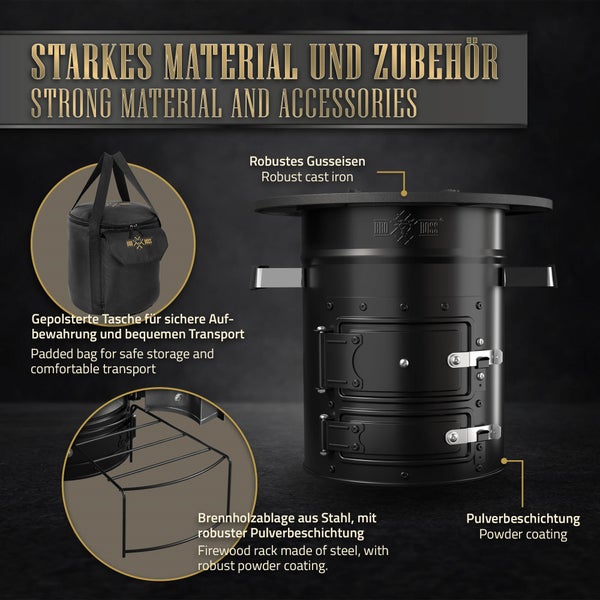 BBQ#BOSS Raketenofen mit Grillpfanne, Tragetasche + Power Ring, Schwarz, Campingkocher Holz mit Brennholzständer, Camping BBQ Holzofen zum Kochen, Outdoor-Küche, Raketenherd Dutch Oven Campinggrill