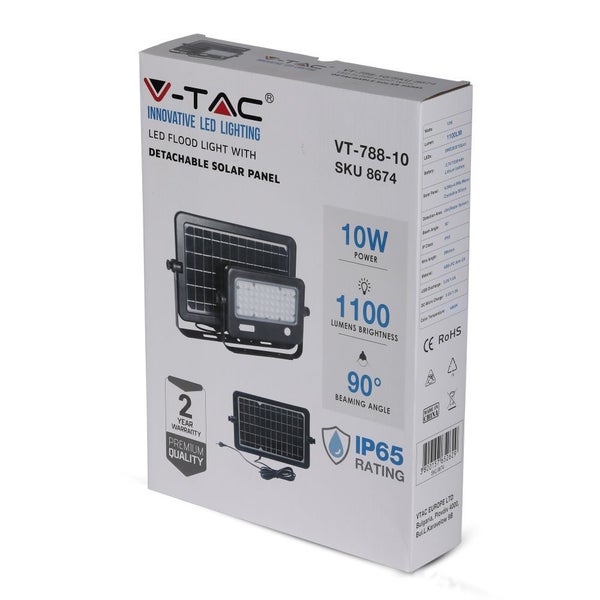 Verpackung eines V-Tac LED-Flutlichts mit abnehmbarem Solarpanel