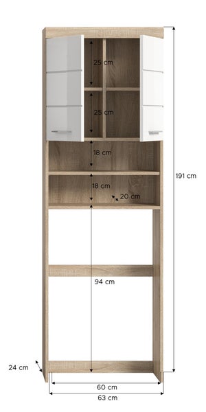 Badezimmer Hochschrank mit offenen Ablagen und Türen, Abmessungen eingezeichnet, Holzoptik, 191 Zentimeter hoch.
