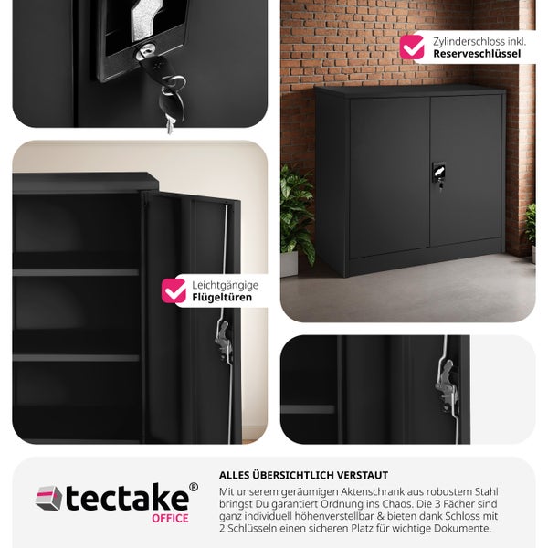 Aktenschrank tectake  90 x 40 x 90 cm aus pulverbeschichtetem Stahl schwarz