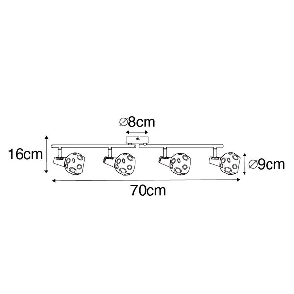 Technische Zeichnung einer Deckenleuchte mit vier Strahlern, Maßen 70 x 16 cm und einem Strahlerdurchmesser von 9 cm