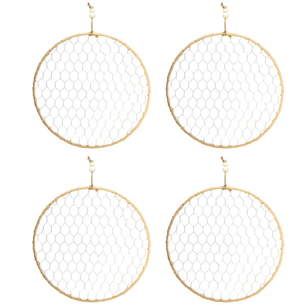 Vier runde Dekorahmen mit Drahtgeflecht und Juteaufhängung