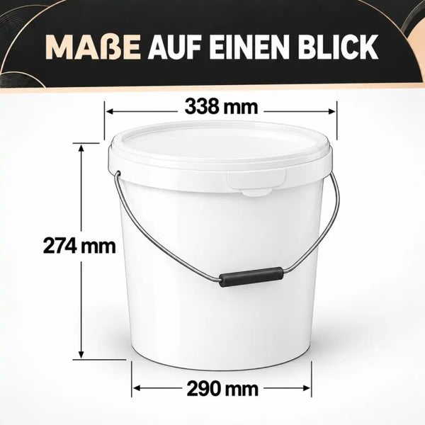 Kunststoffeimer mit Tragegriff und Maßangaben in Millimeter für Durchmesser und Höhe.