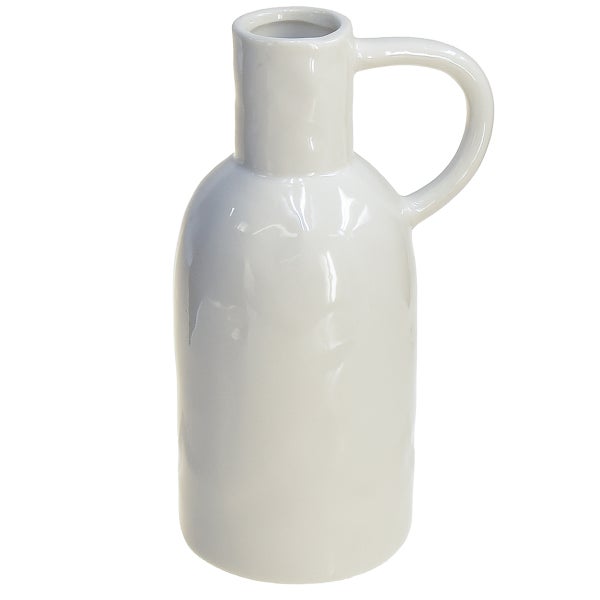 Detail einer weißen Keramikvase mit Henkel, glänzende Oberfläche.