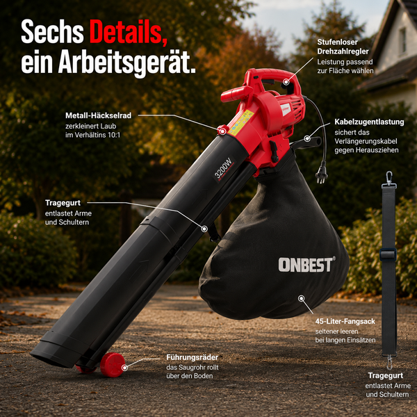Elektro-Laubsauger von ONBEST mit 3200 Watt, 45-Liter-Fangsack, Metall-Häckselrad, stufenlosem Drehzahlregler und Führungsrädern.