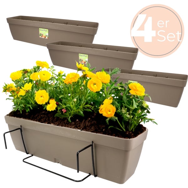 Vierer-Set Blumenkästen aus Kunststoff mit Halterung und gelben Blumen