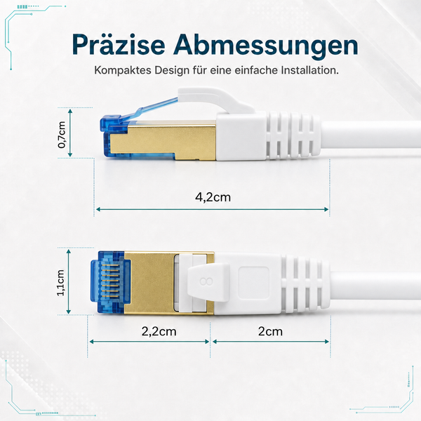 RJ45 Netzwerkstecker mit Abmessungen: Höhe 0,7 Zentimeter, Breite 1,1 Zentimeter und Gesamtlänge 4,2 Zentimeter.