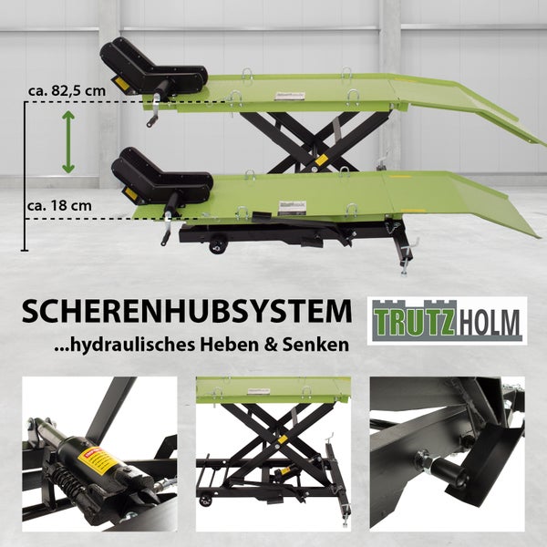 Scherenhubsystem für Motorräder von Trutzholm mit hydraulischem Heben und Senken, maximale Hubhöhe circa 82,5 Zentimeter