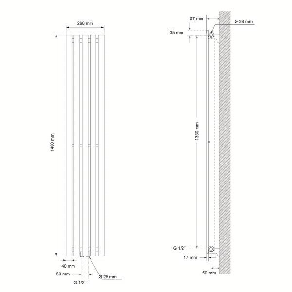 ECD Germany Paneelheizkörper Vertikal 260 x 1400 mm Anthrazit mit Mittelanschluss, Design Flach Heizkörper Einlagig Badheizkörper Flachheizkörper Designheizkörper Einreihig Heizung Badezimmer/Wohnraum
