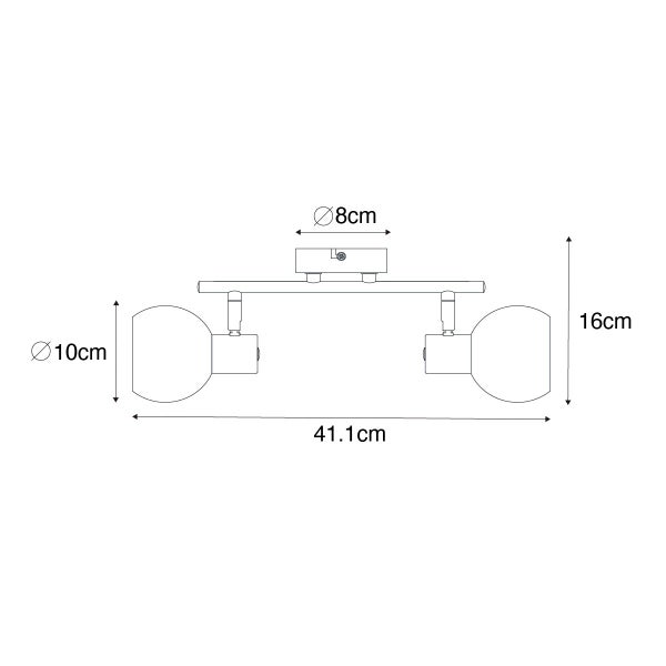 Technische Zeichnung einer Deckenleuchte mit zwei Strahlern und den Maßen 41,1 cm Länge, 16 cm Höhe und einem Lampenschirmdurchmesser von 10 cm.
