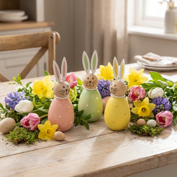 Drei österliche Hasenfiguren aus Holz auf einem Holztisch, dekoriert mit Frühlingsblumen wie Narzissen, Tulpen und Hyazinthen sowie kleinen Eiern.