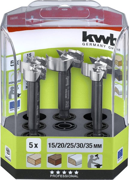 kwb Speed Forstnerbohrer-Set 15 20 25 30 und 35 mm, schnelles Bohren in allen Hölzern, Bohrer-Satz zur Holzbearbeitung, DIN 7483 G, mit 8 mm Schaft, insb. für Akku-Schrauber und Akku-Bohrschrauber