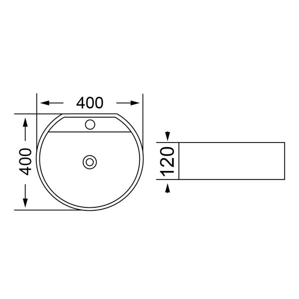 Technische Zeichnung des Waschbeckens mit Maßen 400 mal 400 Millimeter und einer Höhe von 120 Millimeter.