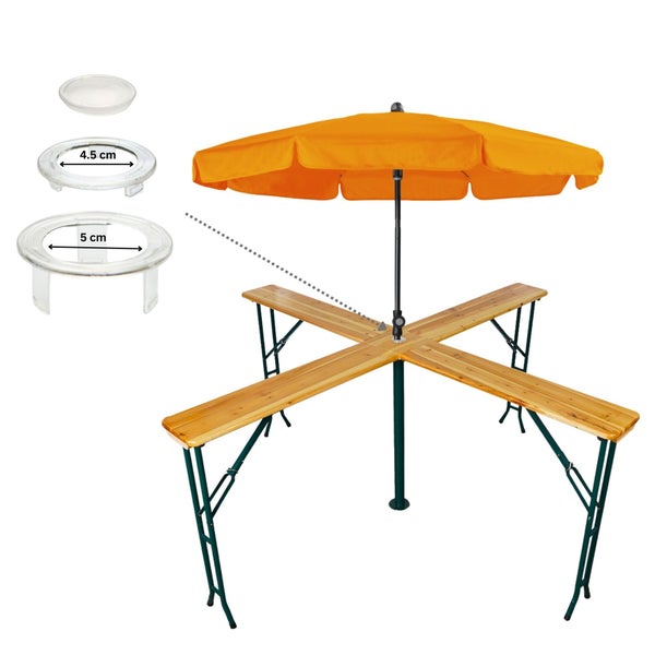 Bierzeltgarnitur mit Sonnenschirm und Distanzringen in 4,5 cm und 5 cm