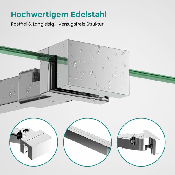 Halterung aus rostfreiem Edelstahl für Glasscheiben mit Wassertropfen und Detailansichten des Scharniermechanismus.