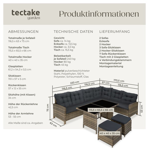 Rattan Lounge tectake Barletta mit Sicherheitsglasplatten für 6 bis 8 Personen natur