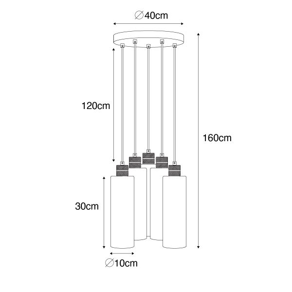 Skizze einer Pendelleuchte mit den Maßen: Durchmesser oben 40 cm, Länge des Kabels 120 cm, Gesamtlänge 160 cm, Durchmesser der Lampenschirme 10 cm, Länge der Lampenschirme 30 cm.