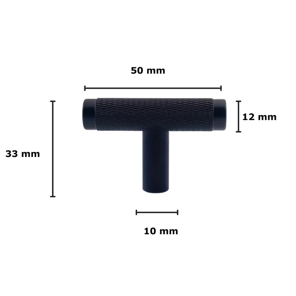 Abbildung eines T-förmigen Möbelknopfs mit den Maßen 50 mm Breite, 33 mm Höhe, 12 mm Durchmesser der Oberseite und 10 mm Durchmesser des Griffs.