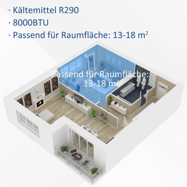 HOMCOM Mobile Klimaanlage, 8000BTU 4-in-1 Klimagerät mit Abluftschlauch, 24h Timer mit Fernbedienung, Nutzungsraum 13-18㎡, 38 x 35 x 70,5 cm, ABS, Weiß+Grau