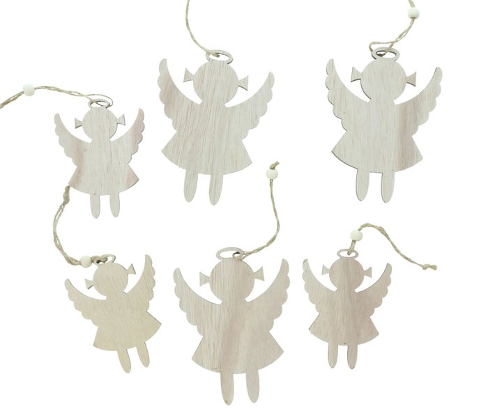 FRANK FLECHTWAREN | Hänger Engel, 6er Set, H: 10 cm, H: 13 cm, HOLZ, CORD