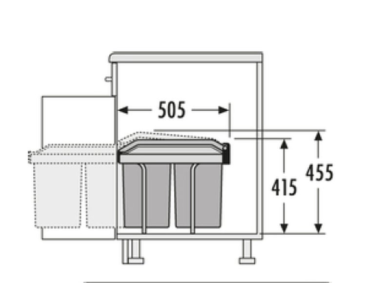 Technische Zeichnung eines Abfalltrennsystems mit Maßen.