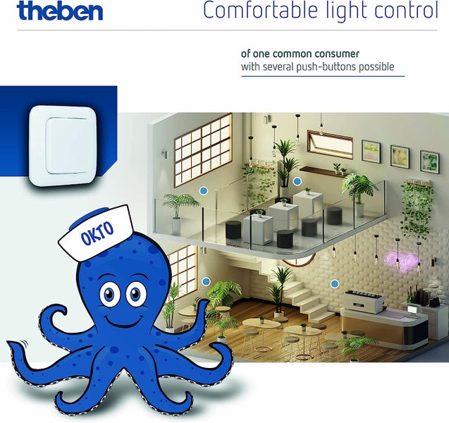 Theben 3120131 OKTO ES12-UC Elektronischer Stromstoßschalter I 1 Schließer I Potenzialfreier Multispannungseingang 8V - 230V I DIN-Schiene I LED BIS 600W
